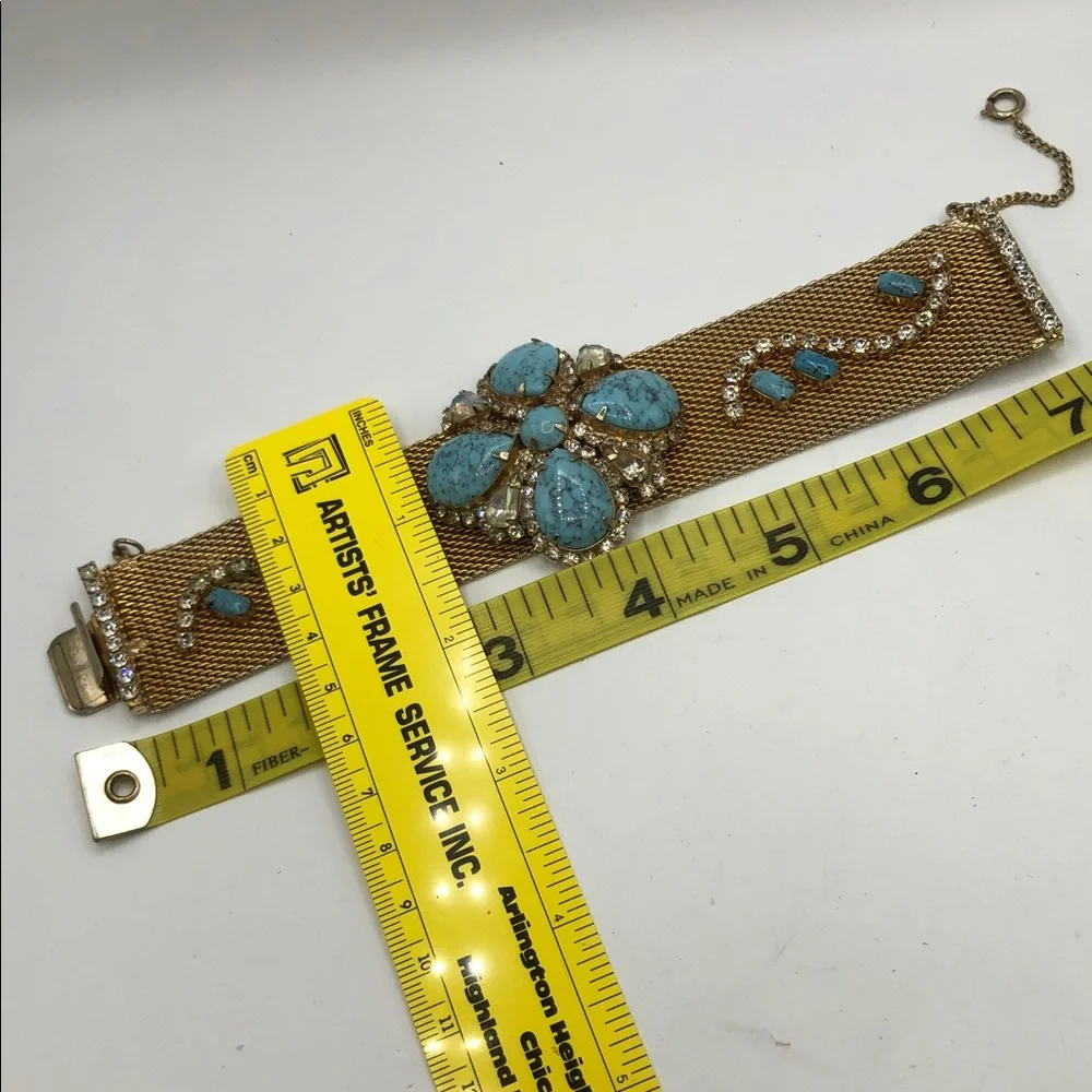 Vintage Gold Tone Mesh Cuff Bracelet Faux Turquoise Rhinestone Statement - Picture 4 of 7